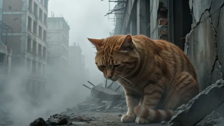A ginger cat waiting on a foggy ruined street