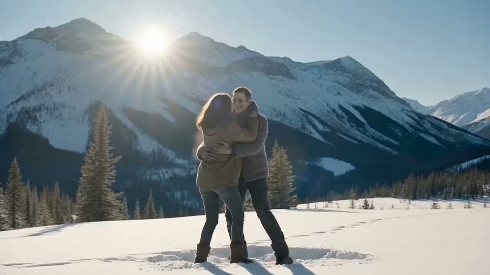 A couple laughing and hugging on a sunny snowy slope