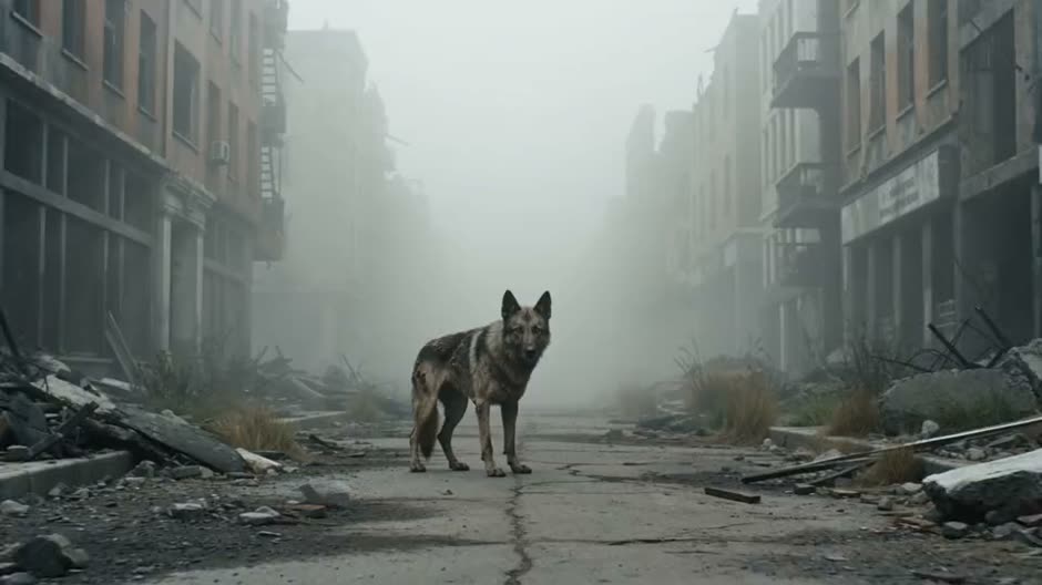 A zombie German shepherd waiting on a foggy ruined street