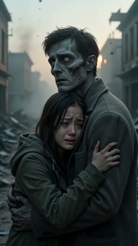 A survivor embracing their partner who has turned into a zombie on a ruined street at dusk